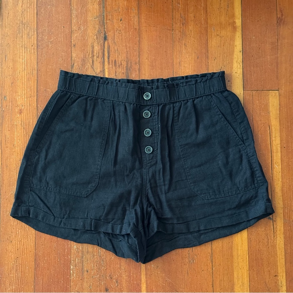 Washed black button high waisted linen shorts